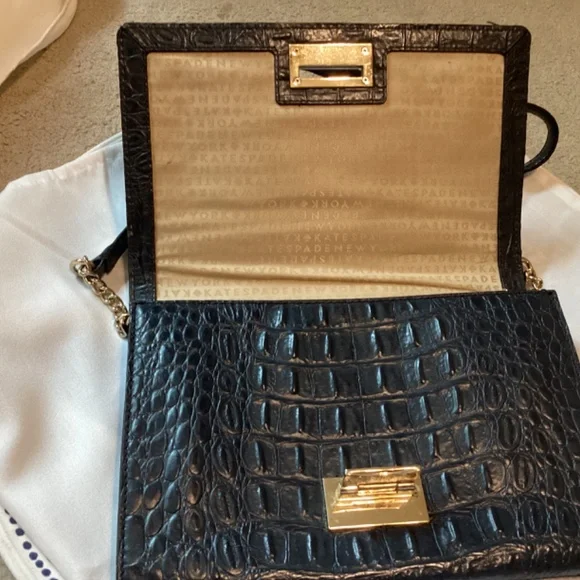 Kate Spade crocodile leather Navy purse bag gold chain crossbody COA EUC blue